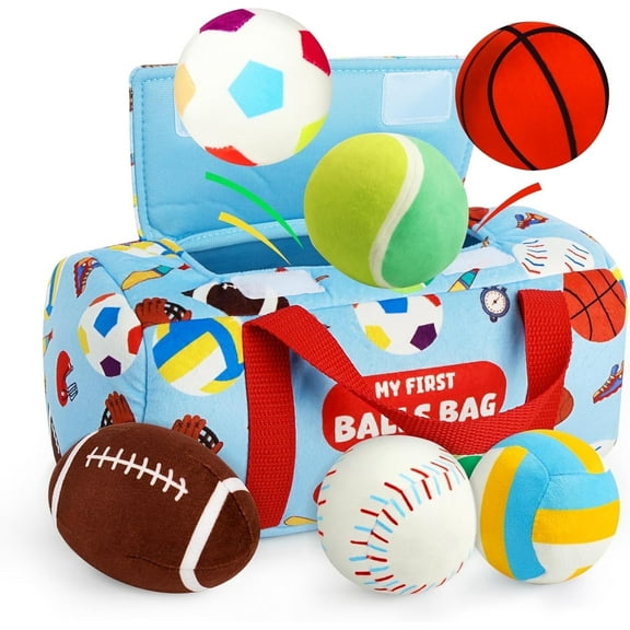 Vanmor Sensory Sports Balls for Toddlers 1-3, Baby Toys with Travel Bag, Early Learning Plush Sensory Toy for Infant 12M , My First Balls Bag with Crinkle, Rattles, Baby Shower Newborn Toys