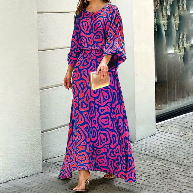 Ensembles de Femmes Clair Grande Taille Femmes à la Mode Casual Imprimé Manches Longues Col Rond Tops Ensembles de Robe Longue Violet XL