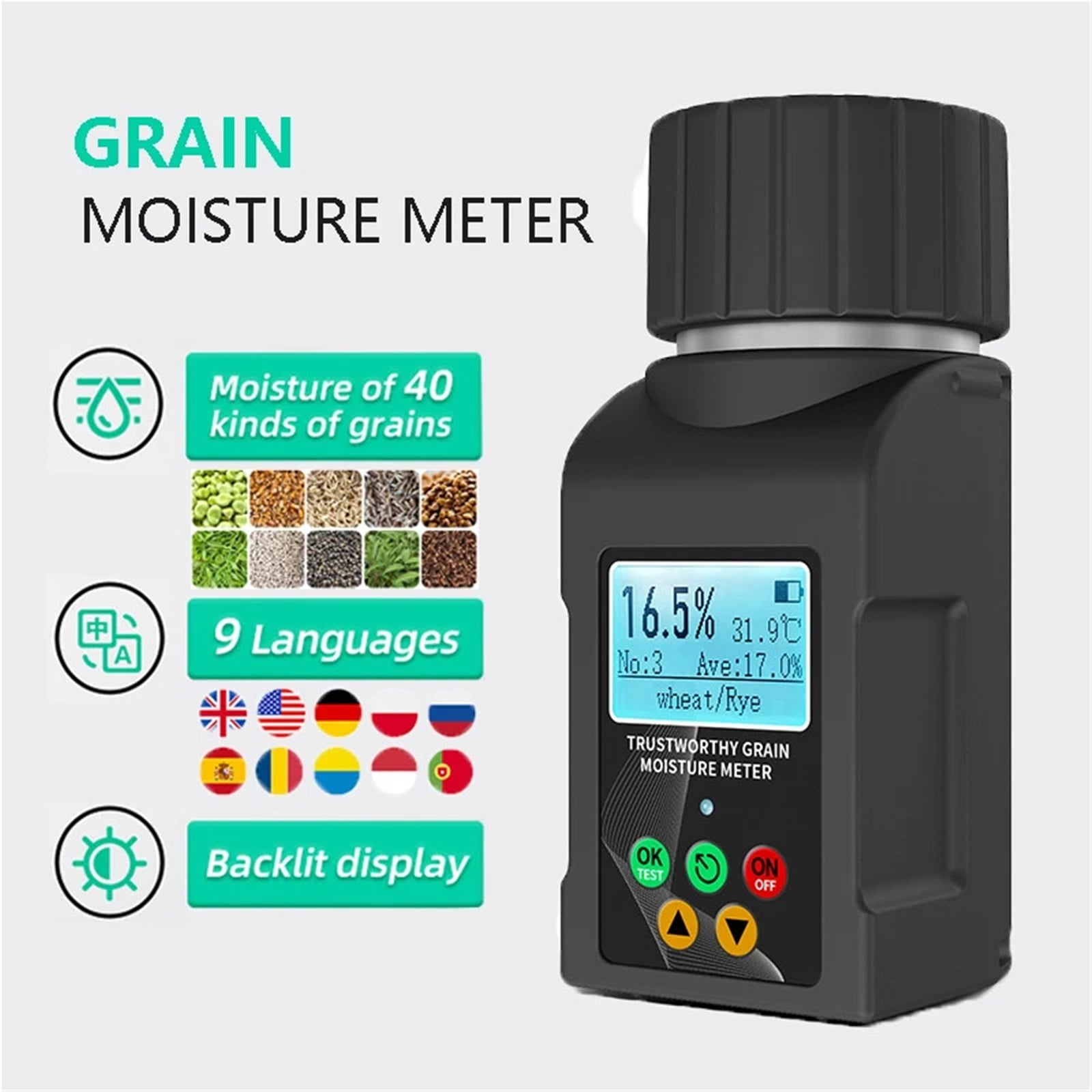 40 Kinds Grains Moisture Meter Wheat Grains Humidity Tester 9 Languages Corn Bean Peanut Seed Hygrometer Data ,Precision Tool