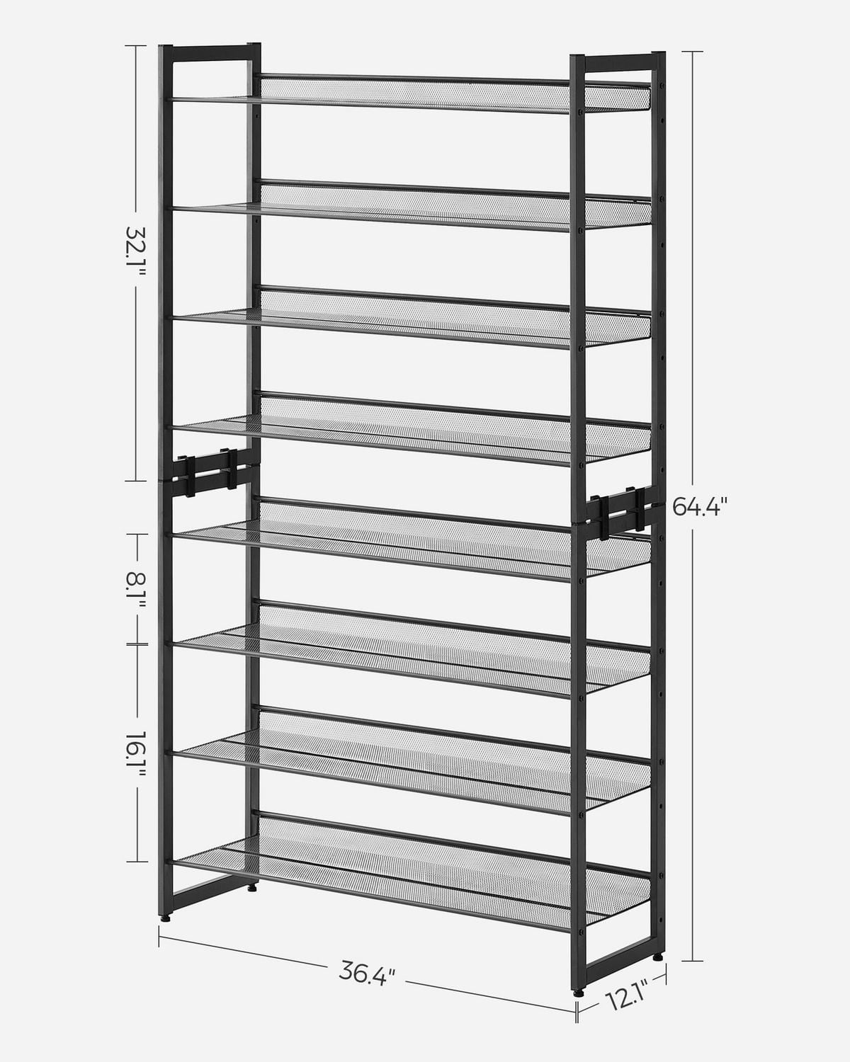 Songmics Home - 8-Tier Metal Shoe Rack for Garage with Adjustable Flat or Angled Shelves, Black