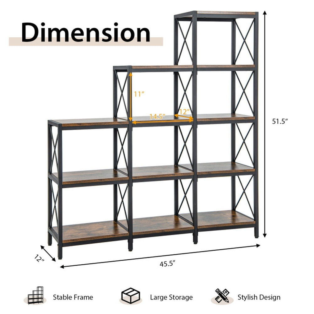 Demi Bonn 9 Cubes Bookshelf with Carbon Steel Frame for Home Office, Free Standing Ladder Bookcase, Brown