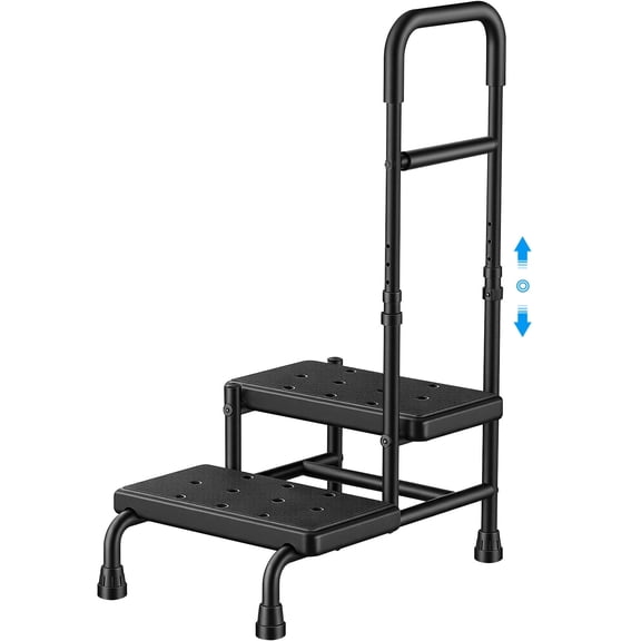 SAFH 2 Step Stool with Handle - Adjustable Height, Non-Slip Pedals & Glow Strips for Elderly, Seniors, Bath, Kitchen