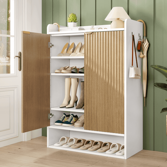 White Shoe Storage Cabinet,20 Pairs Shoe Organizer Cabinet with 2 hooks, Shoe Cabinet for Enterway