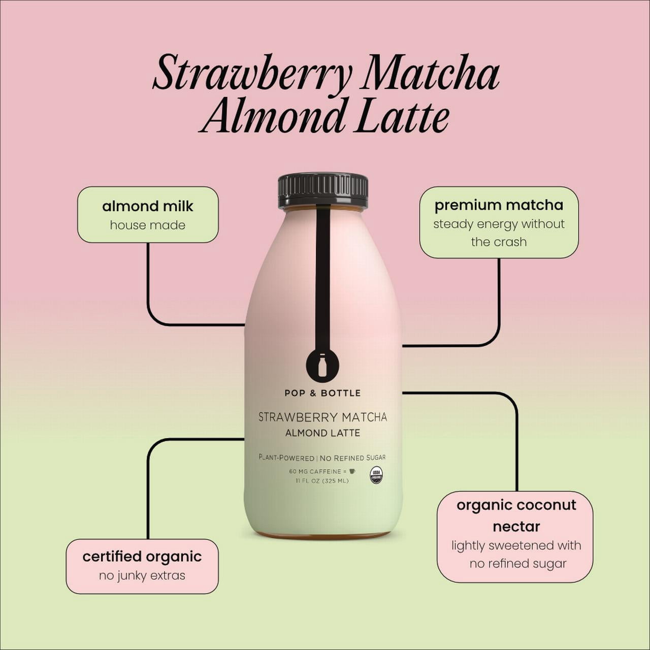 Pop & Bottle Strawberry Matcha Almond Latte with Plant-Based Milk, Refrigerated, 11 fl oz