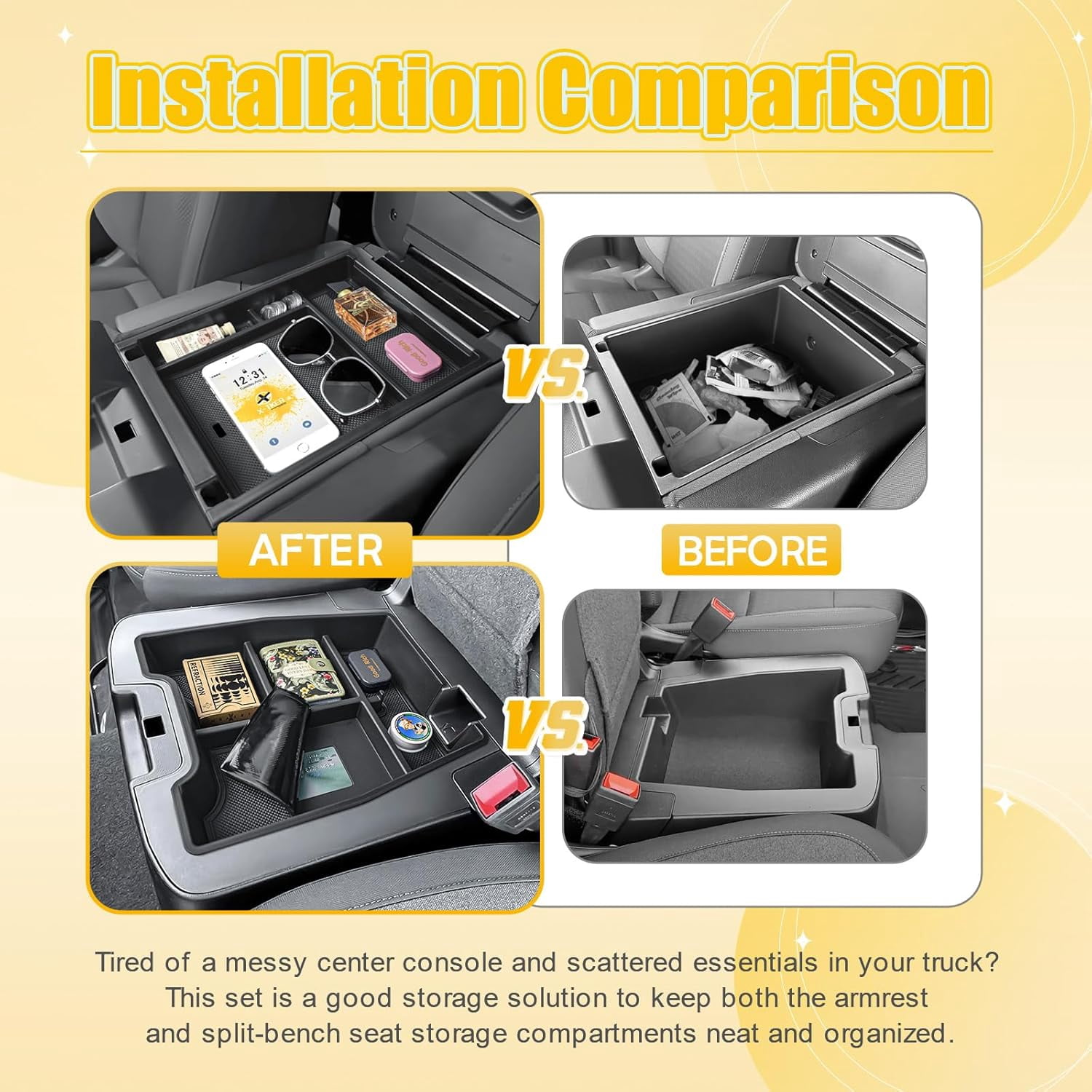 2PCS Center Console Organizer Compatible with 2019-2025 Chevy Silverado/GMC Sierra 1500 & 2020-2025 Silverado/Sierra 2500HD 3500HD Truck Accessories (Split-Bench Folding Seat) Dual-Layer Storage Tray