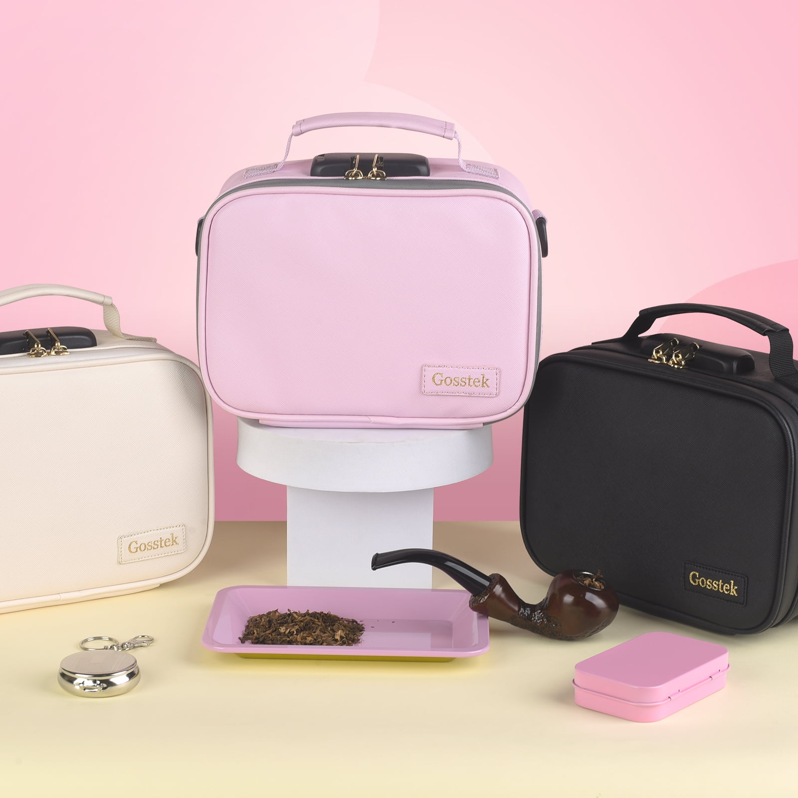 PU Leather Smell Proof Bag with 10PCS Accessories, Portble Smell Proof Locking Box Case (Pink)
