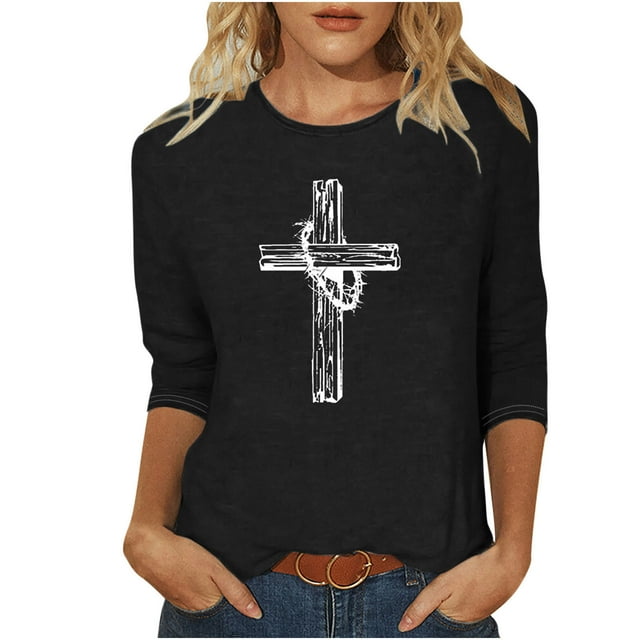 Blouse pour Femmes T-shirt Imprimé Manches 3/4 Blouse Col Rond Hauts Décontractés