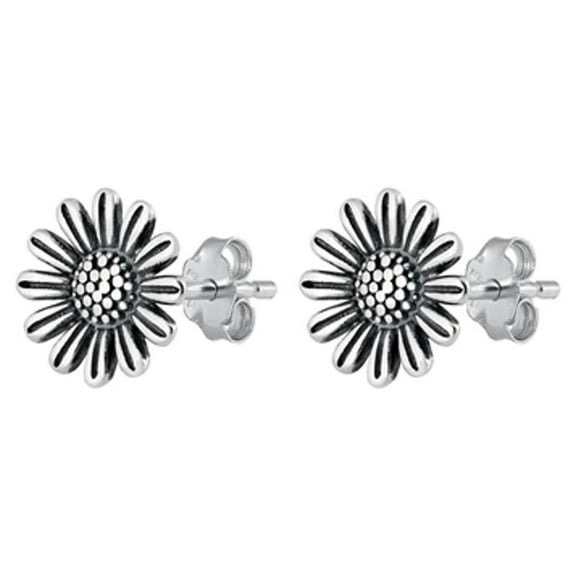 Sterling Silver Oxidized Daisy Flower Stud Earrings 925 New Jewelry Female Unisex