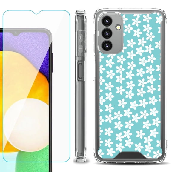 Shockproof Bumper Phone Case for Samsung Galaxy A13 5G, with Tempered Glass Screen Protector, by OneToughShield ® - Flower/Teal
