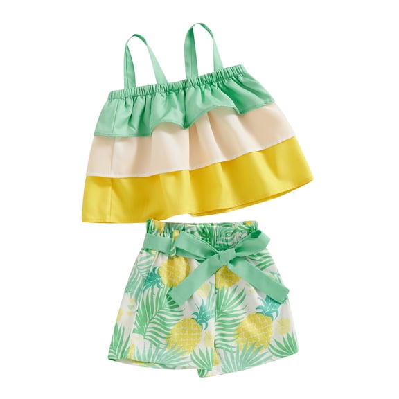 Liacowi Toddler Baby Girls Summer Clothes Outfits 2Pcs Kids Girls Sleeveless Layered Ruffle Tank Tops Belted Shorts Shorts Sets