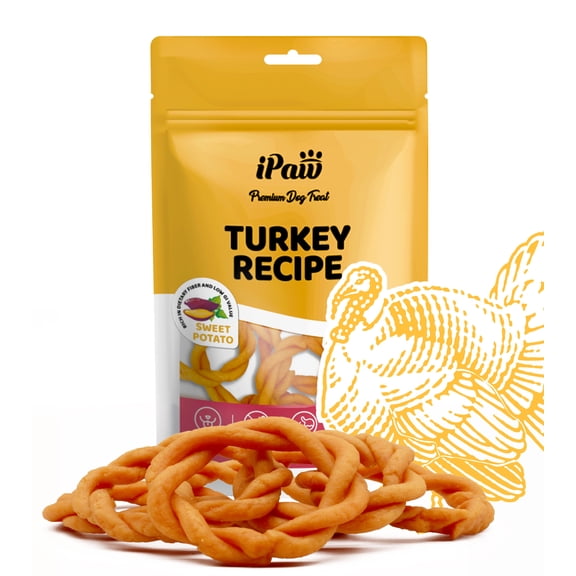 iPaw Turkey Dog Treats, All Natural Human Grade Dog Treat, Suitable for Training chew, Hypoallergenic, Rawhide Alternative, Thin Stick (Sweet Potato)
