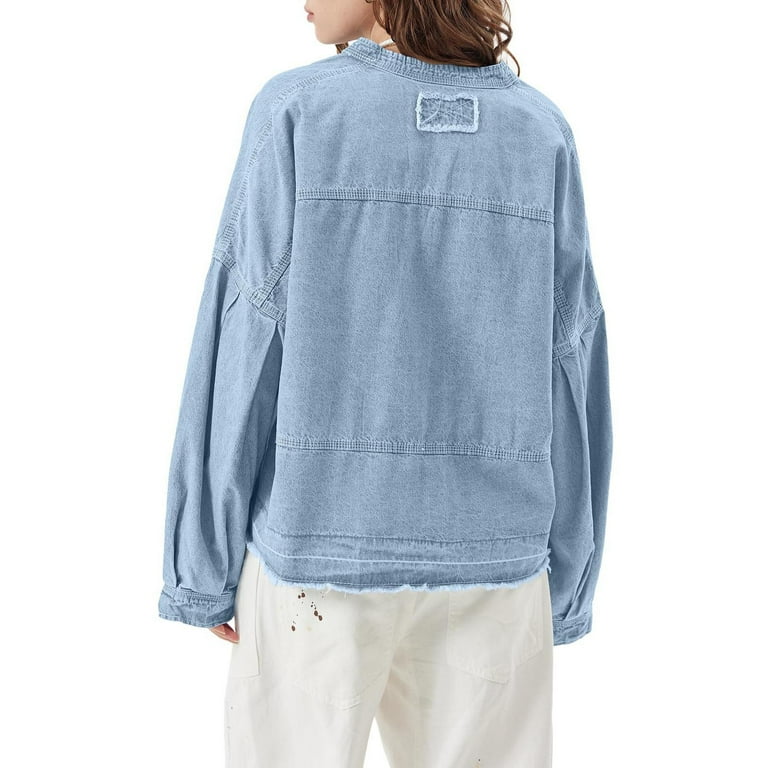 Olyvenn Stylish Womens Denim Tops Pullover Trendy Casual V Neck