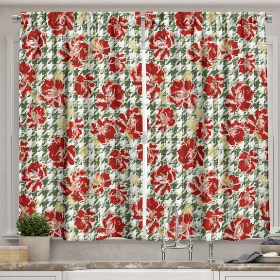Ambesonne Floral Kitchen Curtains, Scottish Houndstooth, 55"x39", Hunter Green Ruby