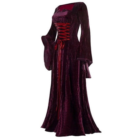 

Womens Elegant Medieval Dress Criss Cross Vintage Renaissance Floor Length Dress Cosplay Costume High Waist Ball Gown