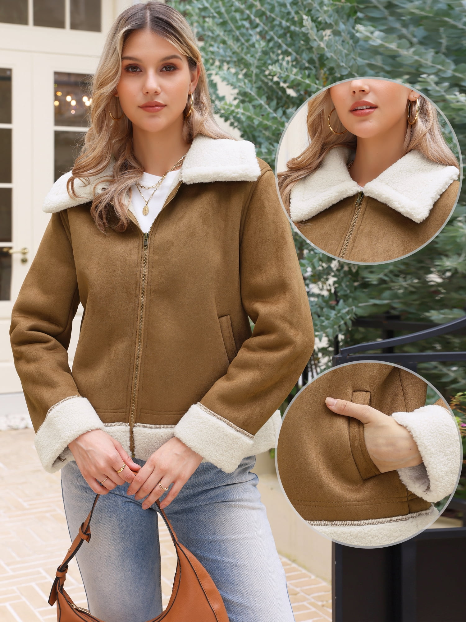 DARING DIVA Women's Faux Suede Faux Fur Shearing Lined Outerwear Jacket L Brown