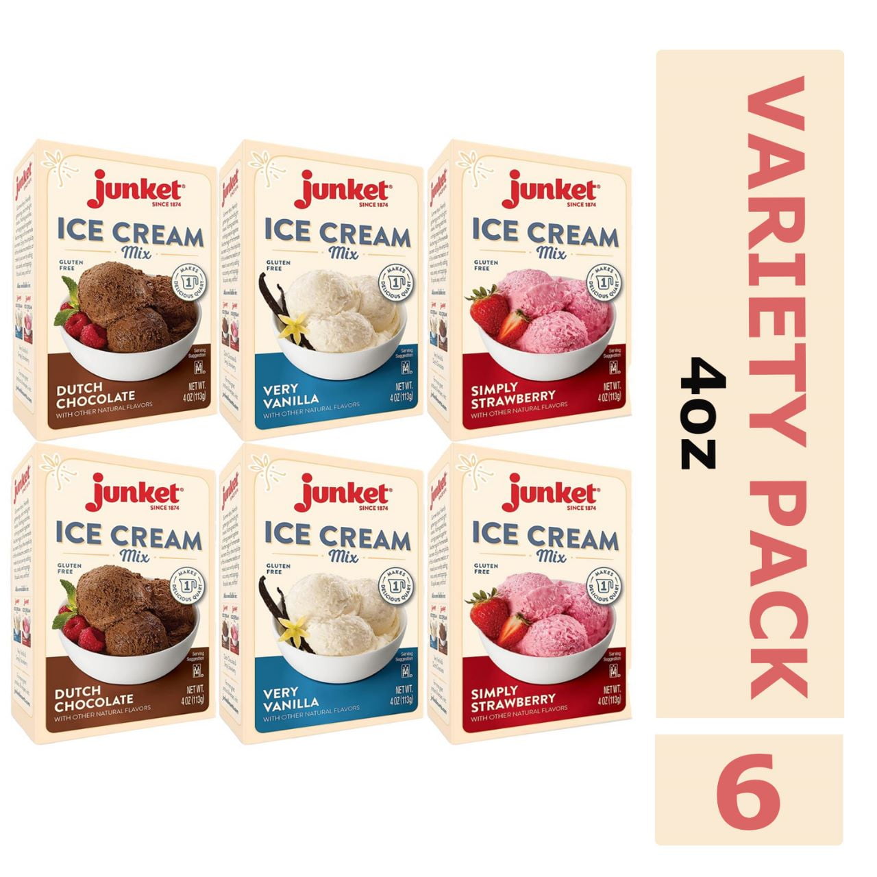 Junket Ice Cream Powder Mix Bundle Includes Very Vanilla, Dutch Chocolate, and Simply Strawberry