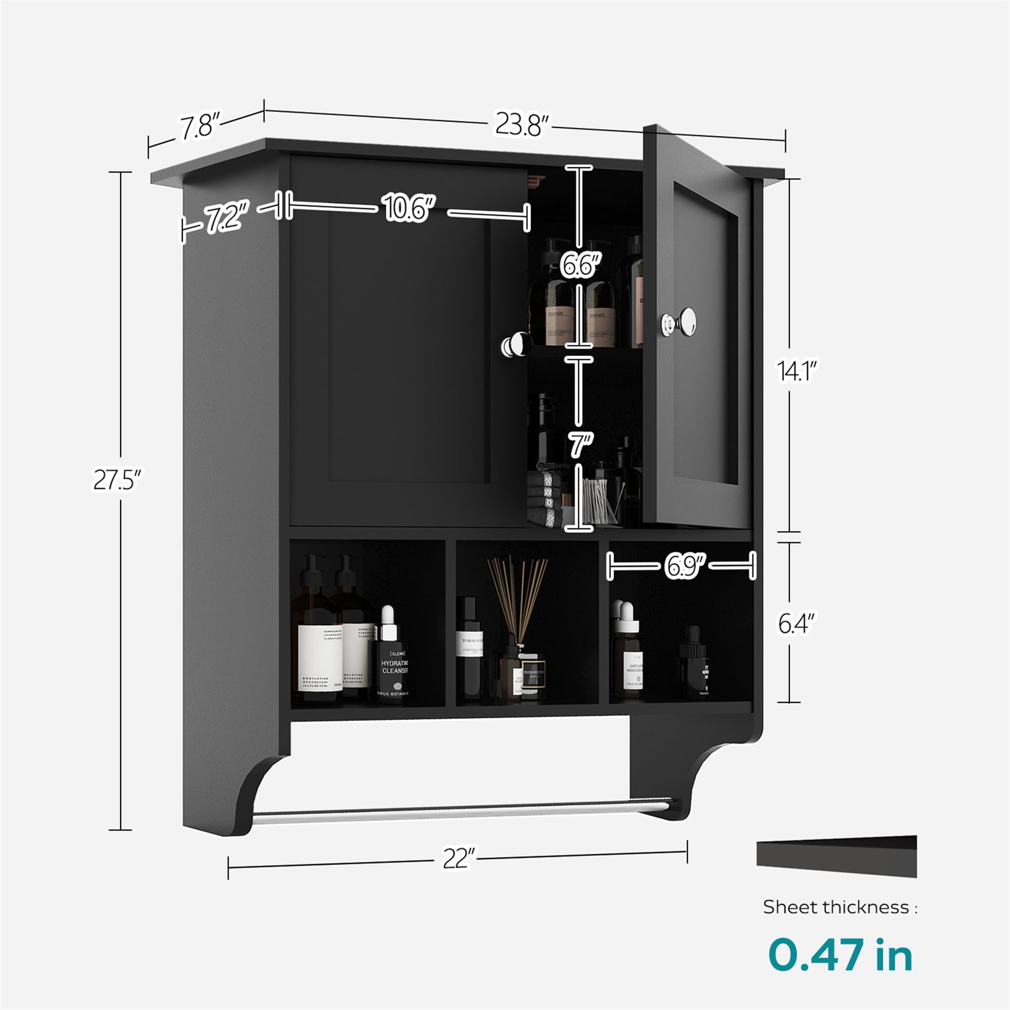 Vastcury 27.5" Bathroom Wall Cabinet, Over the Toilet Storage Medicine Cabinet with 2 Door Cupboard, Adjustable Shelf and Towels Bar, Black