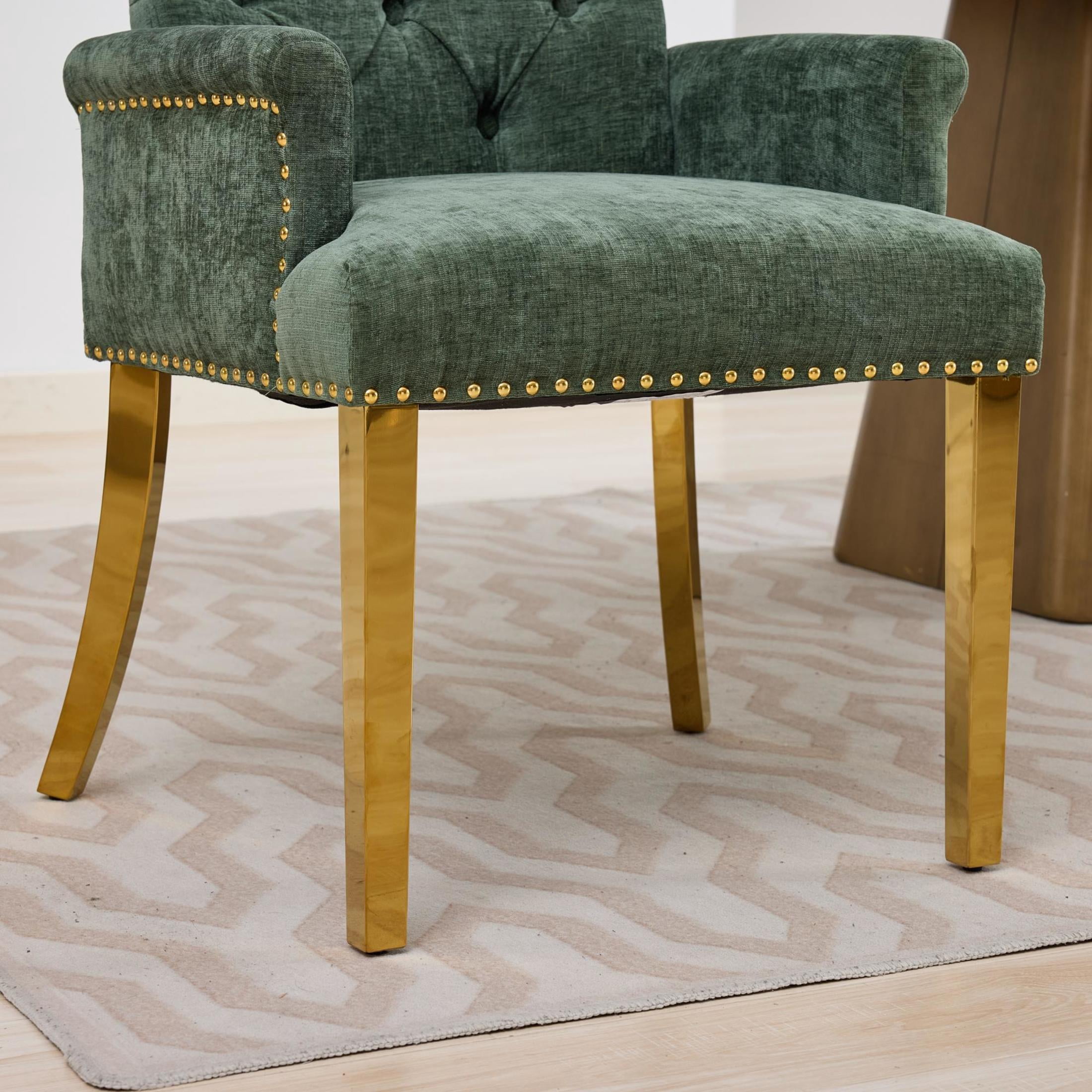 GDF Studio Upholstered Dining Chair with Button-Tufted Back, Nailhead Trim, Stainless Steel Legs, Olive Green
