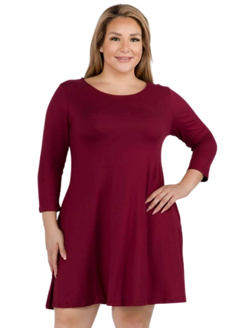Women's Three-Quarter Sleeve Swing Dress - Plus Size, Burgundy, 3XL Women's Three-Quarter Sleeve Swing Dress - Plus Size, Burgundy, 3XL