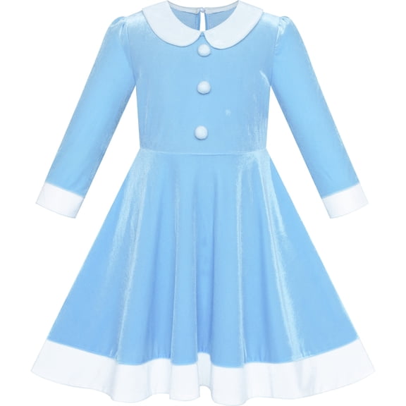 Sunny Fashion Girls Dress White Collar Velvet Long Sleeve Blue Swing Dress 4 Years