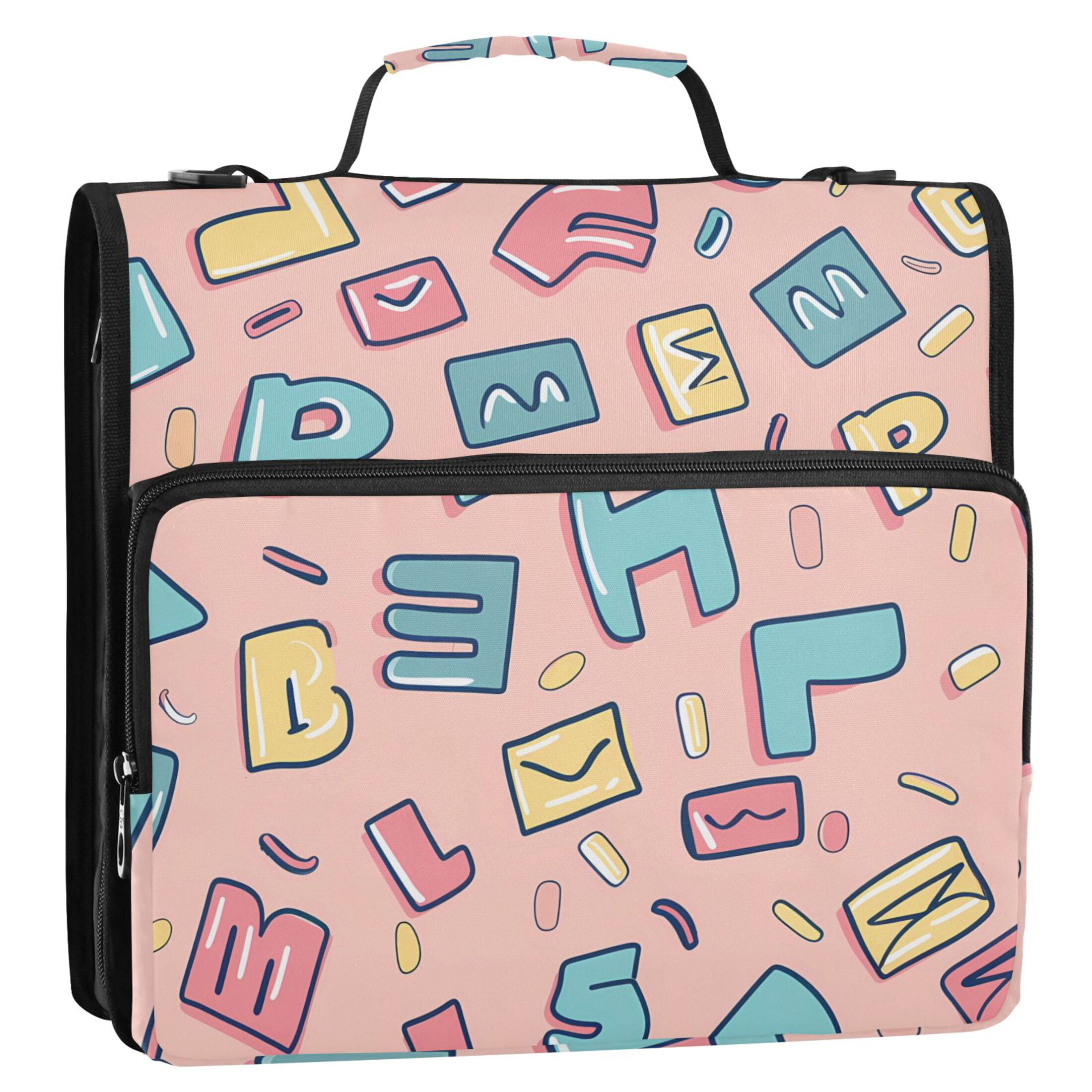3 Ring Zipper Binder with Shoulder Strap Waterproof Trapper Keeper 2 Inch D-Ring 500 Sheets Capacity Cartoon Letter and Character