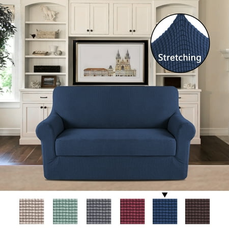 Floral Furniture Slipcover - Polyester Elastic Sofa Slipcovers for Living Room Spandex Stretch Fabric Super Soft 2 Pieces, Stretching Skid Resistance Furniture Protector-Loveseat-Navy