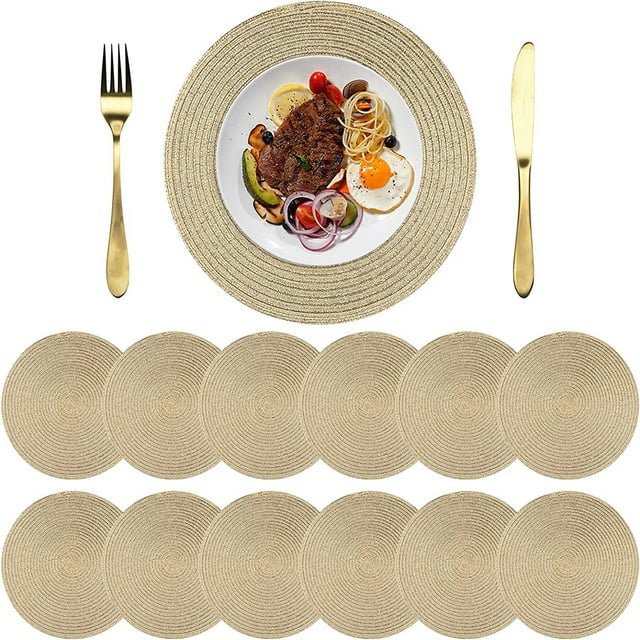 Dinner Parties Table Mats, Round Placemats Braided Design Heat Resistant for Indoor Outdoor Use, Washable and Non-Slip for Kitchen Dining Tables, Everyday Use, Gold (38cm Diameter)