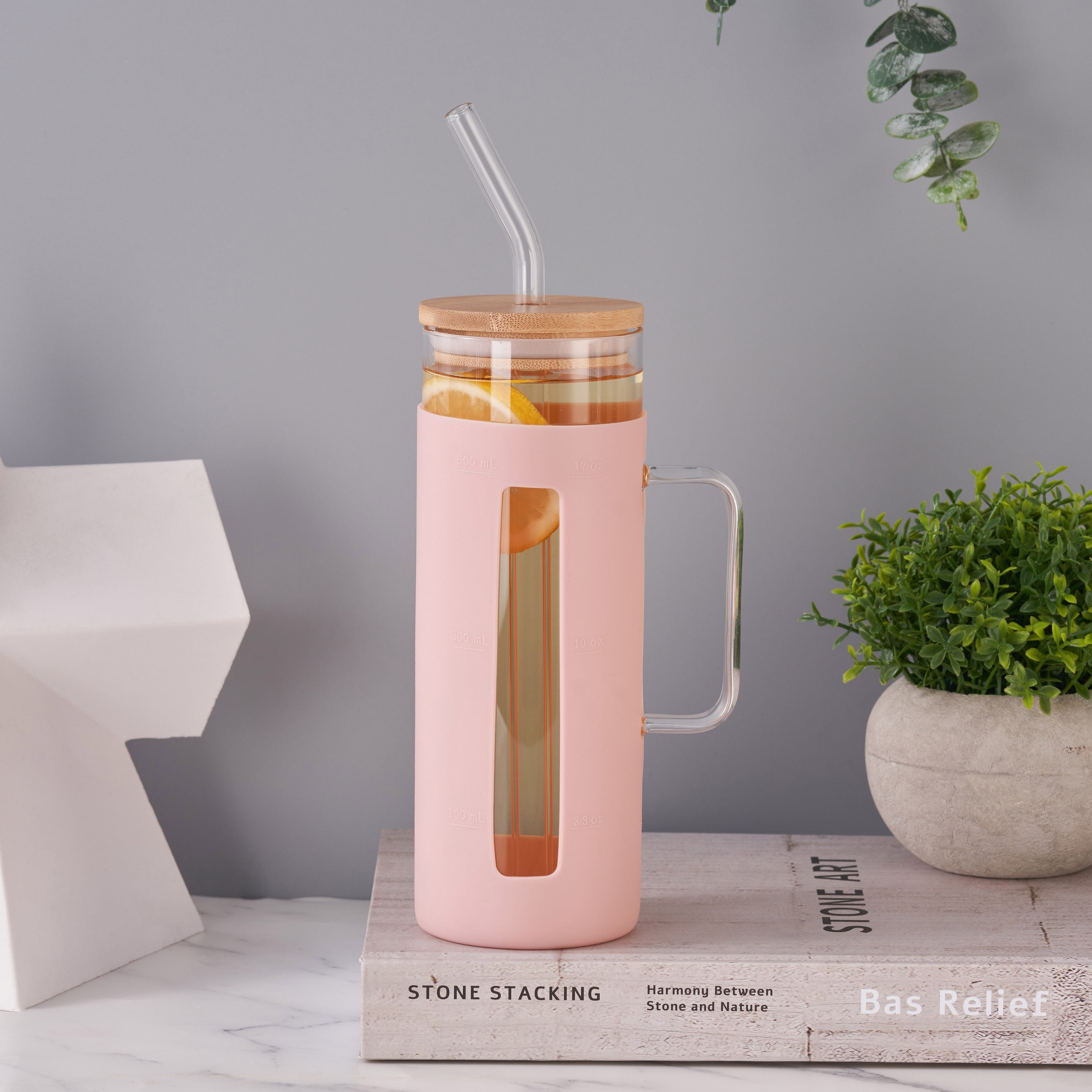 Mainstays Glass 22oz  Tumbler with Pink Protective Silicone Sleeve, Bamboo lid, Glass Straw