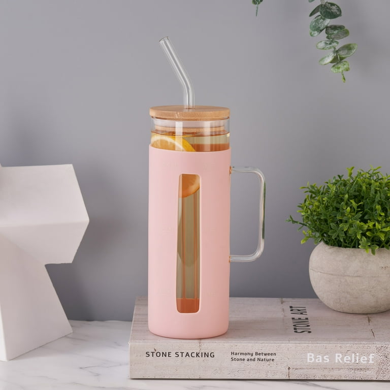 Mainstays Glass 22oz Tumbler with Pink Protective Silicone Sleeve, Bamboo  lid, Glass Straw