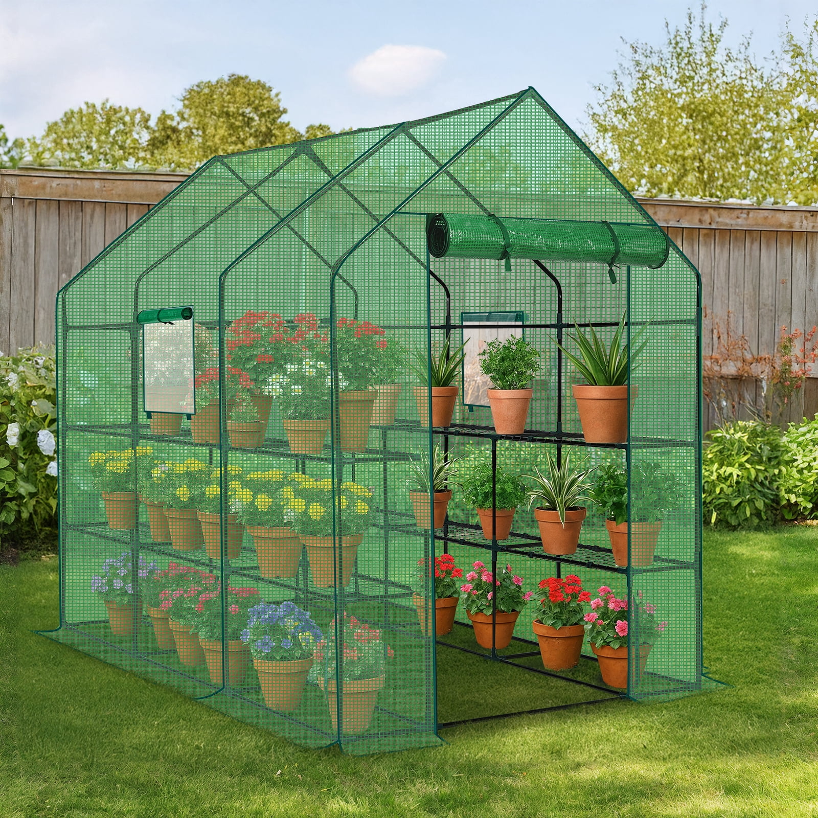 Walk-in Greenhouse 56×85×77 in, 12-Shelf Plant Green House with Roll-Up Zipper Door & Side Windows, Powder-Coated Steel Frame, Weather-Resistant PE Cover for Backyard Patio Garden