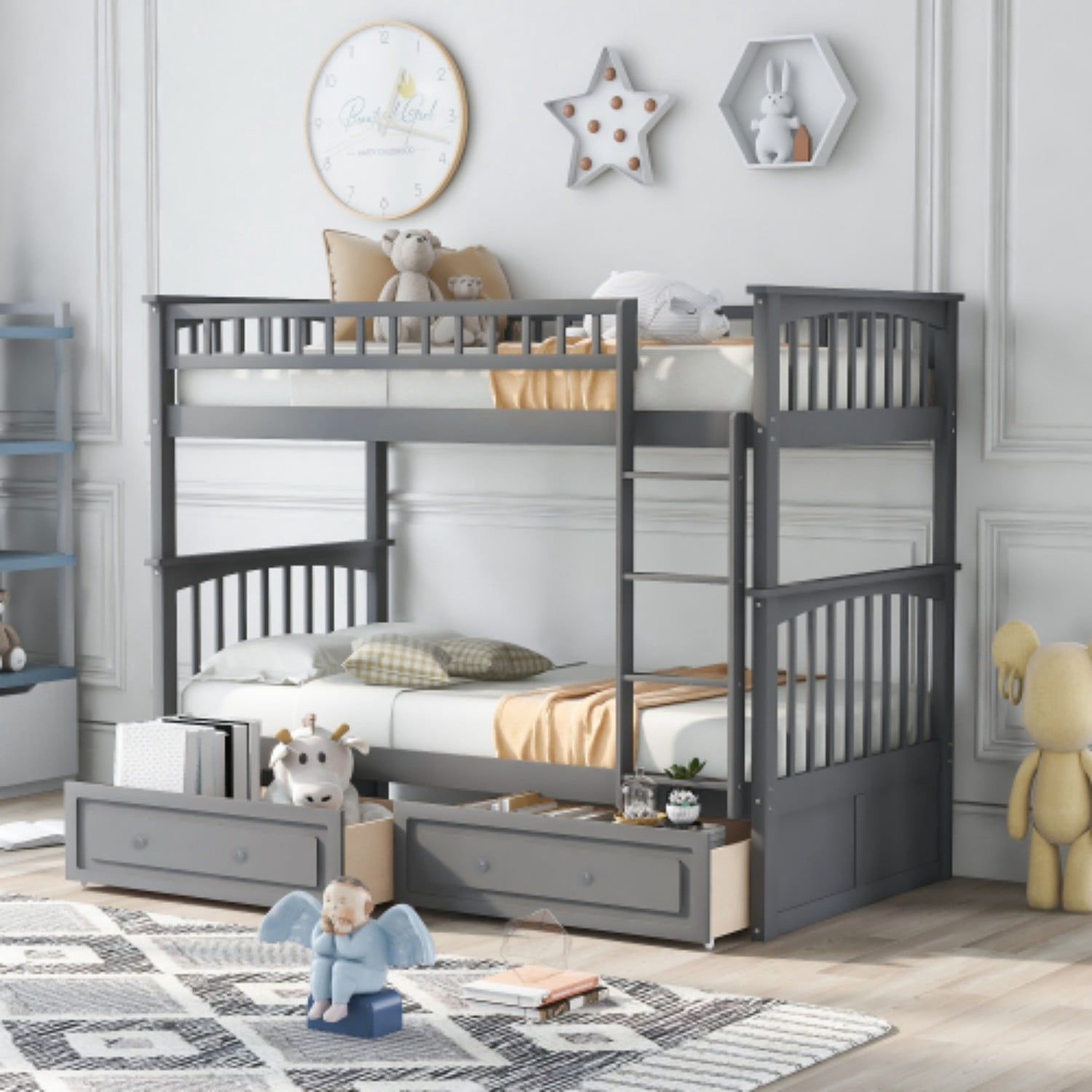 Twin Over Twin Bunk Bed with Storage Drawers, Convertible Wood Bunk Bed with Safety Guardrails, Solid Pine Wood Kids Bed Frame for Bedroom, Gray