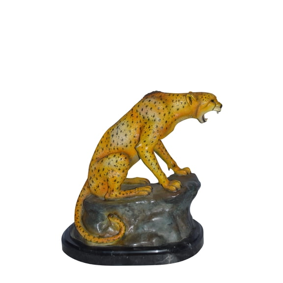 Nifao Cheetah sitting on a rock growling bronze statue – Home Decor Sculpture, 18"L x 12"W x 18"H