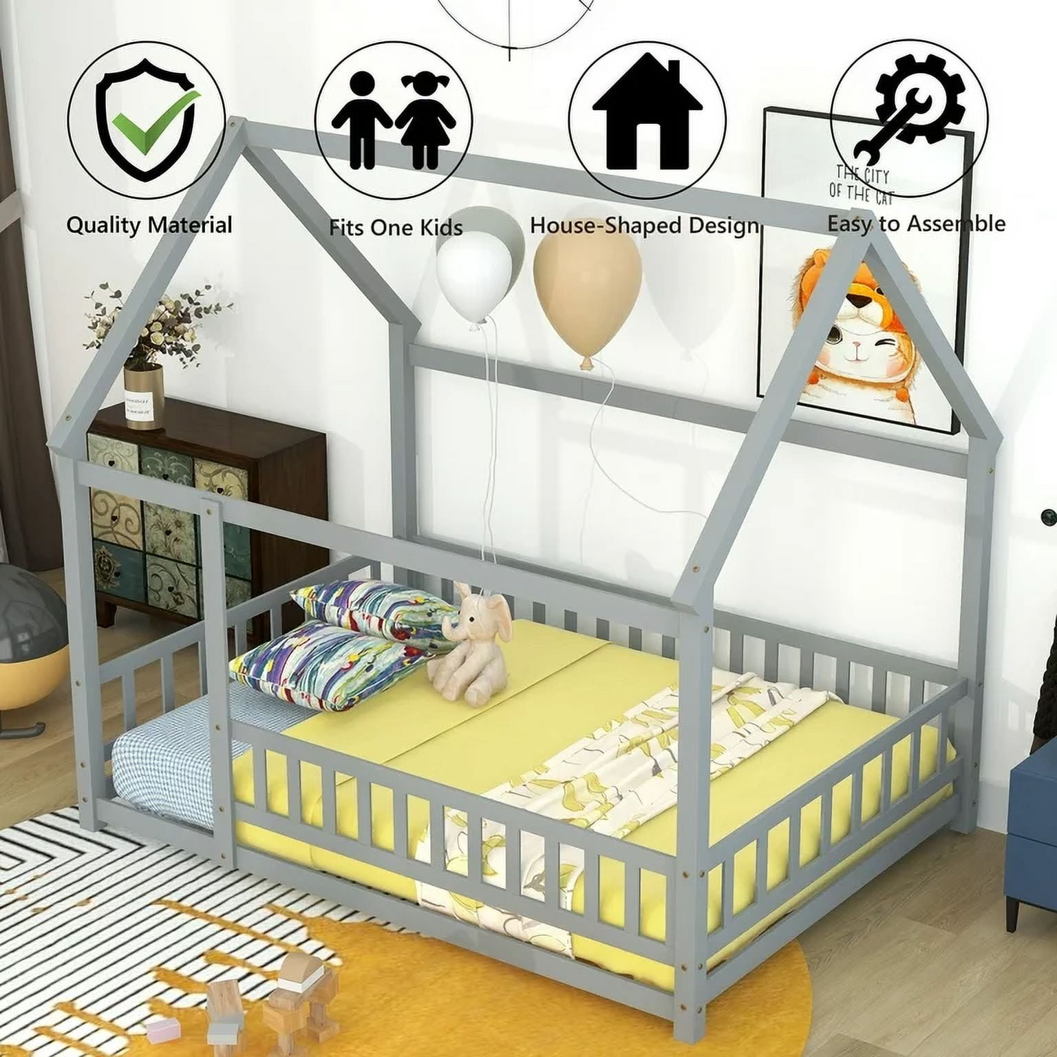 Full Size House Floor Bed, Wood Montessori Bed Frame with Fence Guardrails, House Beds Frame No Box Spring Needed（Full, Gray)