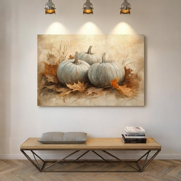 Rustic White Pumpkin Wall Art - Fall Harvest Decor With Autumn Leaves, Perfect For Farmhouse Seasonal Decor Wall Art, Modern Wall Decor, 8x12 UNFRAMED
