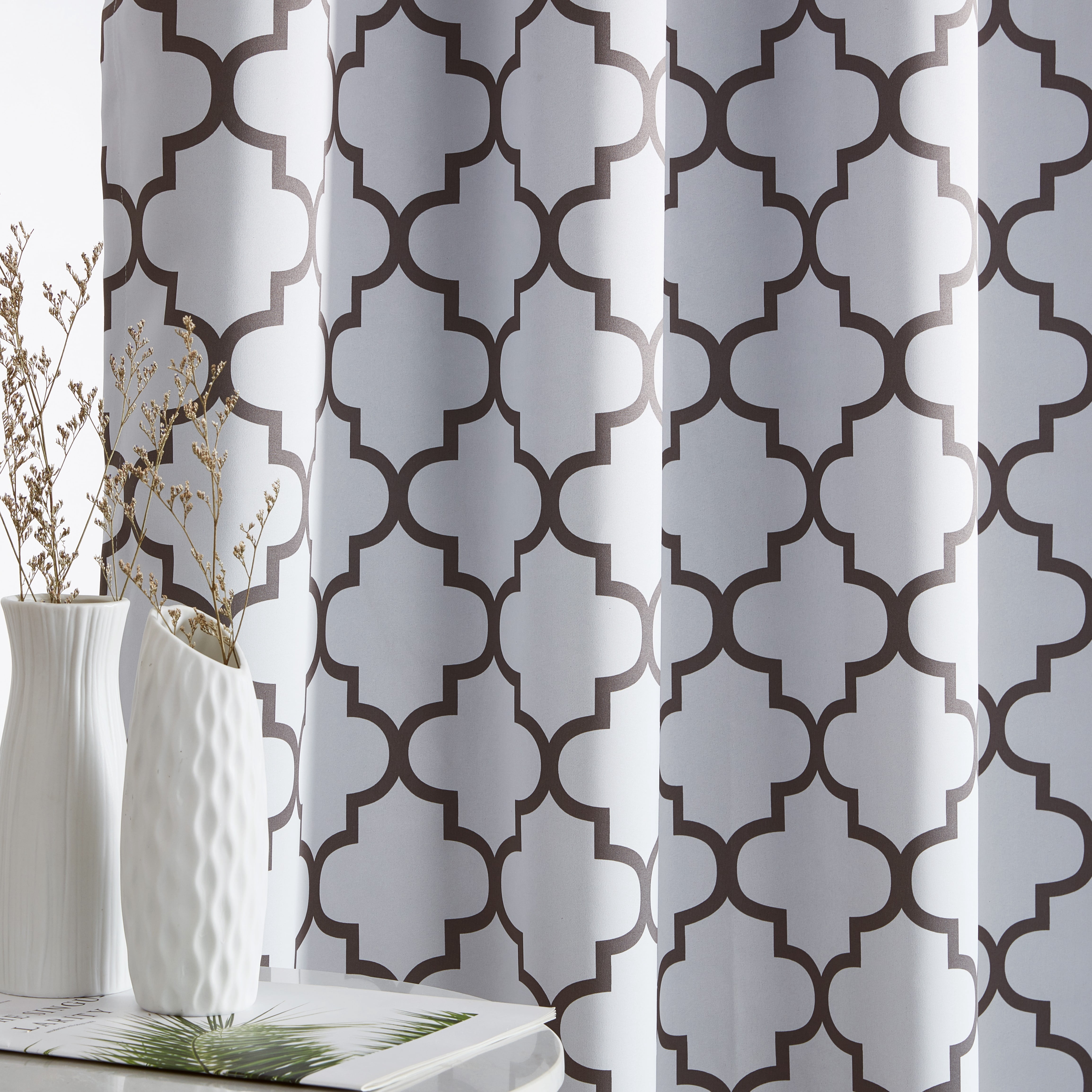 THD Moroccan Trellis Lattice Decorative Printed Pattern Blackout Thermal Privacy Room Darkening Grommet Window Drapes Curtain Panels for Bedroom - Set of 2 (Platinum White Grey, 52 W x 84 L)