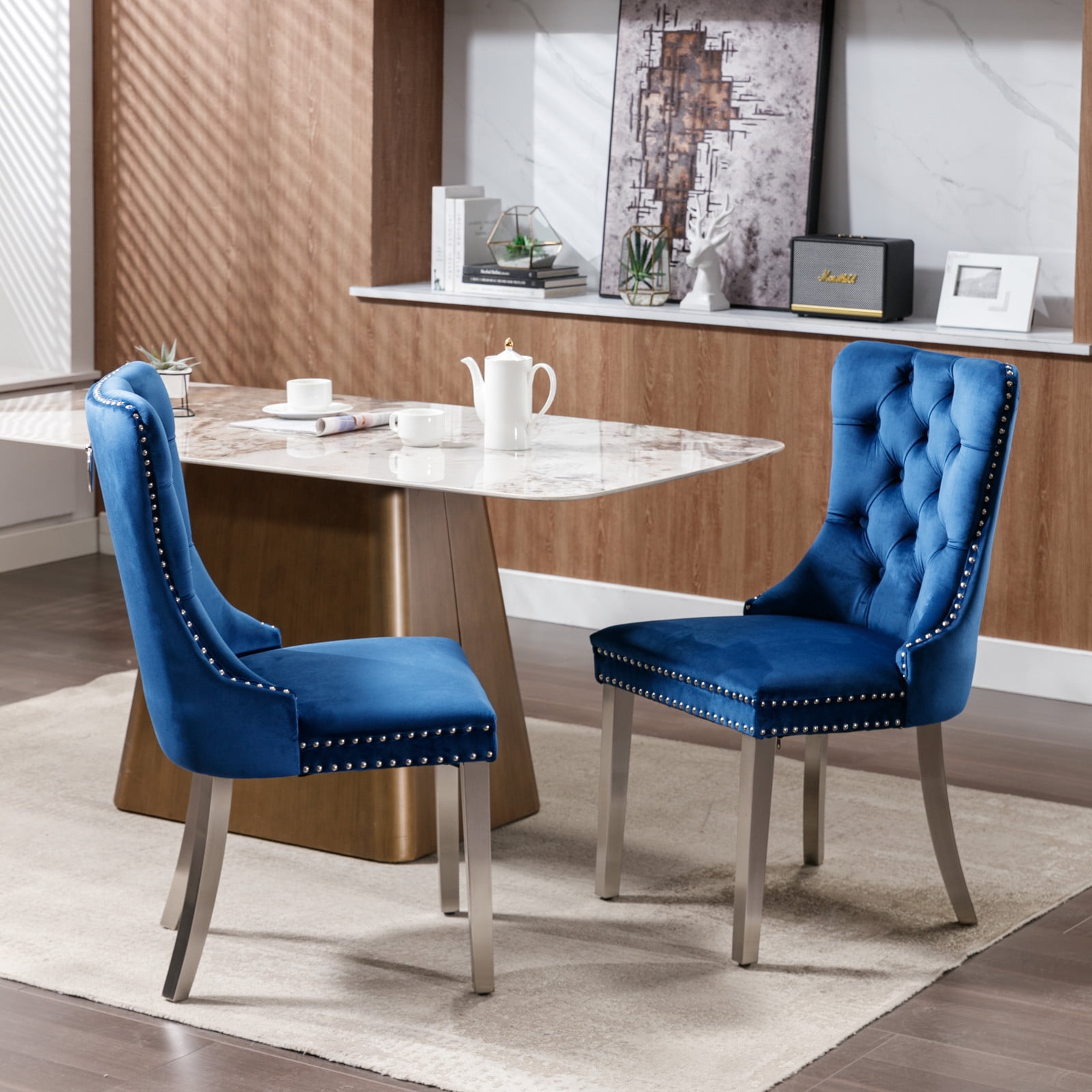 LegaHome Dining Chairs Set of 2, Modern Upholstered Velvet Dining Room Chairs with Nailhead Trim and Chrome Stainless Steel Plating Solid Wood Legs, Tufted Button Padded Chairs Set for Kitchen, Blue