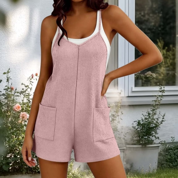 HongQid Women's Waffle Knit Romper Shorts Spaghetti Strap Casual Jumpsuit With Pockets Sleeveless Summer Outfits,S