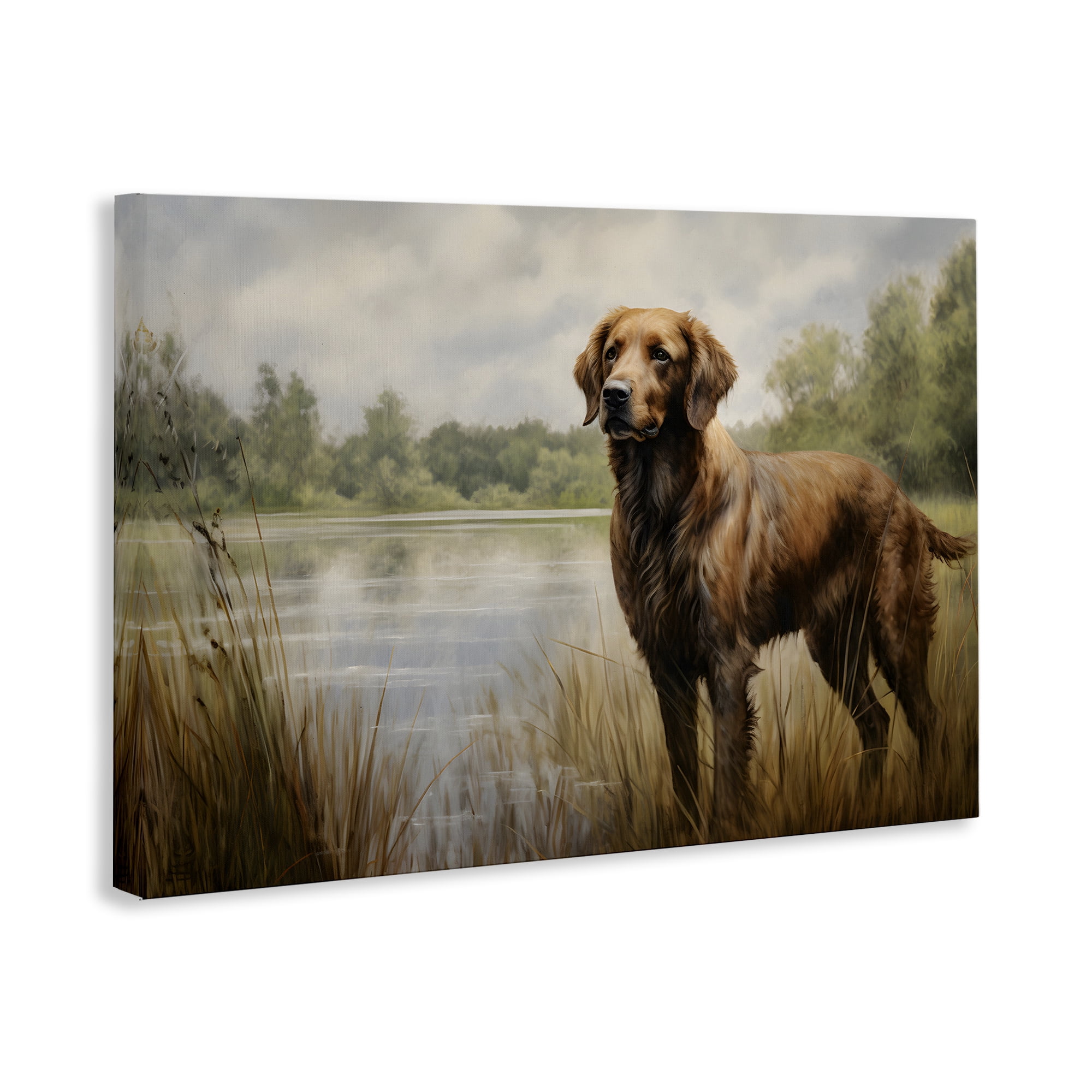 Stupell Industries Retriever Dog & Pond Landscape Painting Gallery Wrapped Canvas Art Print Wall Art, 45 x 30