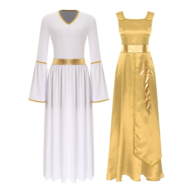 Kaerm Robe Tunique de Danse pour Femmes, Célébration Liturgique, Église, Culte, Danse, Robe Maxi avec Manches Longues, Jaune&Blanc G