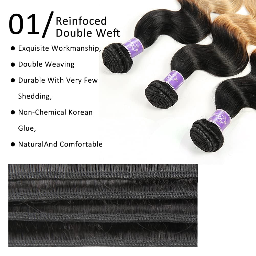 Unique Bargains Ombre Two Tone #1B/27 Color Brazilian 3 Bundles 100% Human Hair 10"12"14"inch