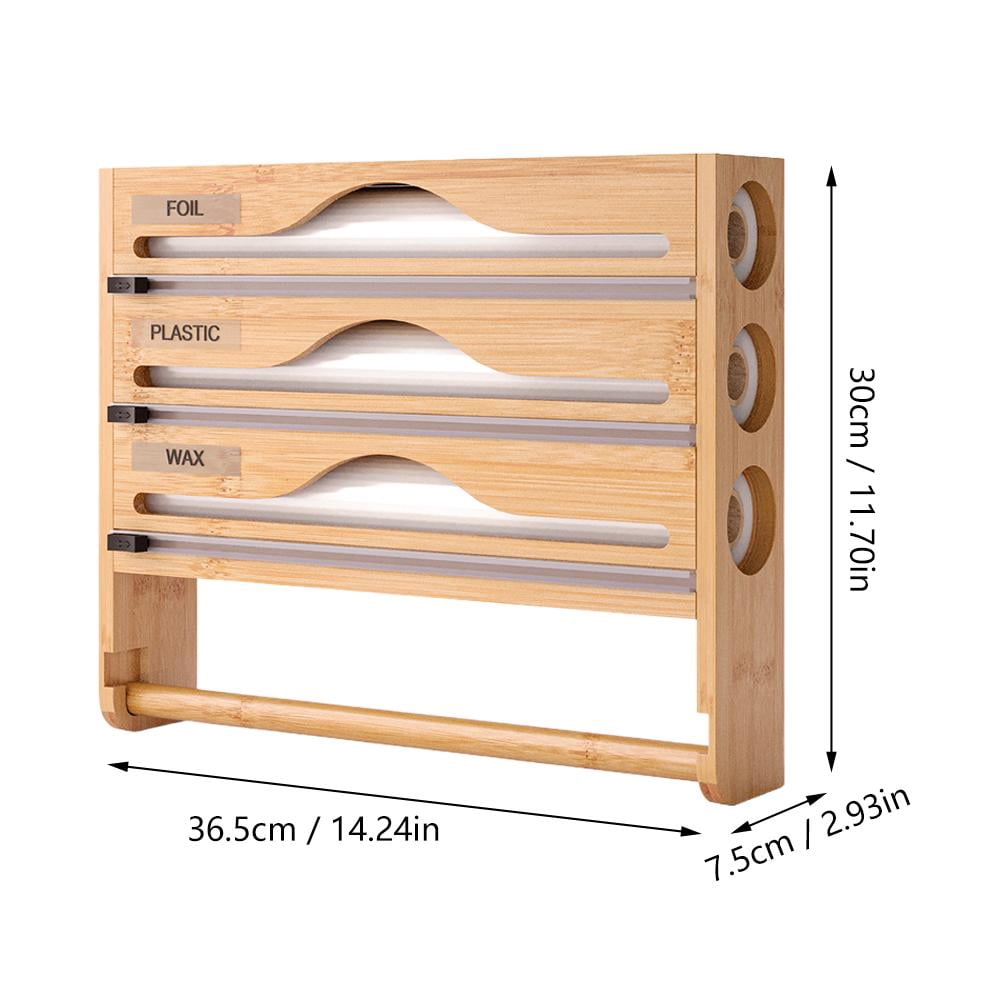 Pekkaxy Bamboo Cling Film Dispenser, 14.24 x 11.70 x 2.93 in, 3-Slot Organizer with Paper Towel Holder, for Efficient Kitchen Food Wrap and Meal Prep