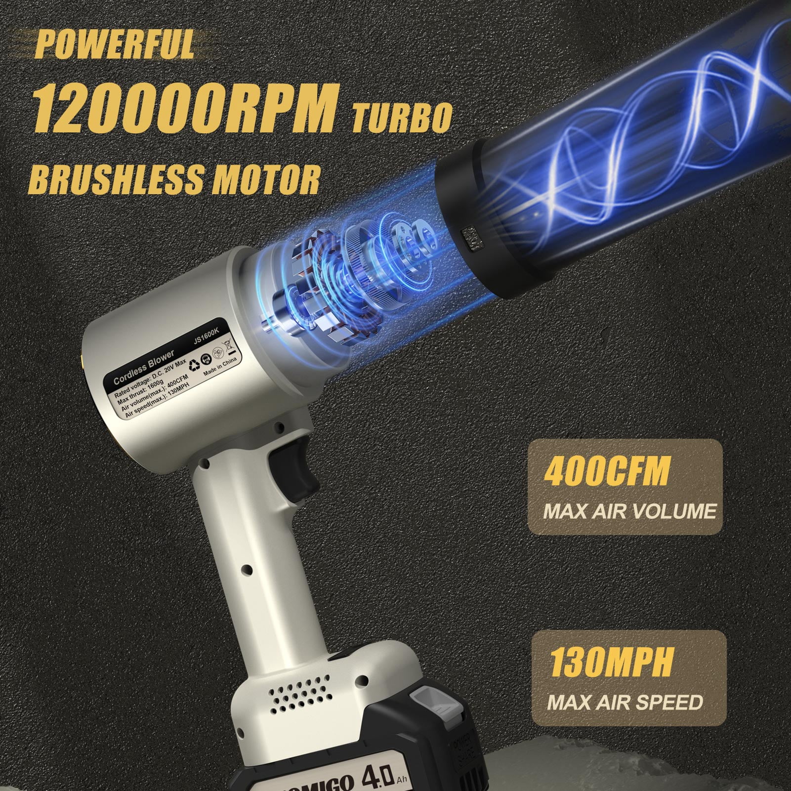 Duomigo 20V Cordless Turbo Dryer Blower for Cars & Patio, 1600g Thrust Violent Blower with 64 Ducted Fan Motor, 4-Speed Hurricane Turbo Fan, 120000RPM Leaf Blower for Car Drying, Snow & Debri