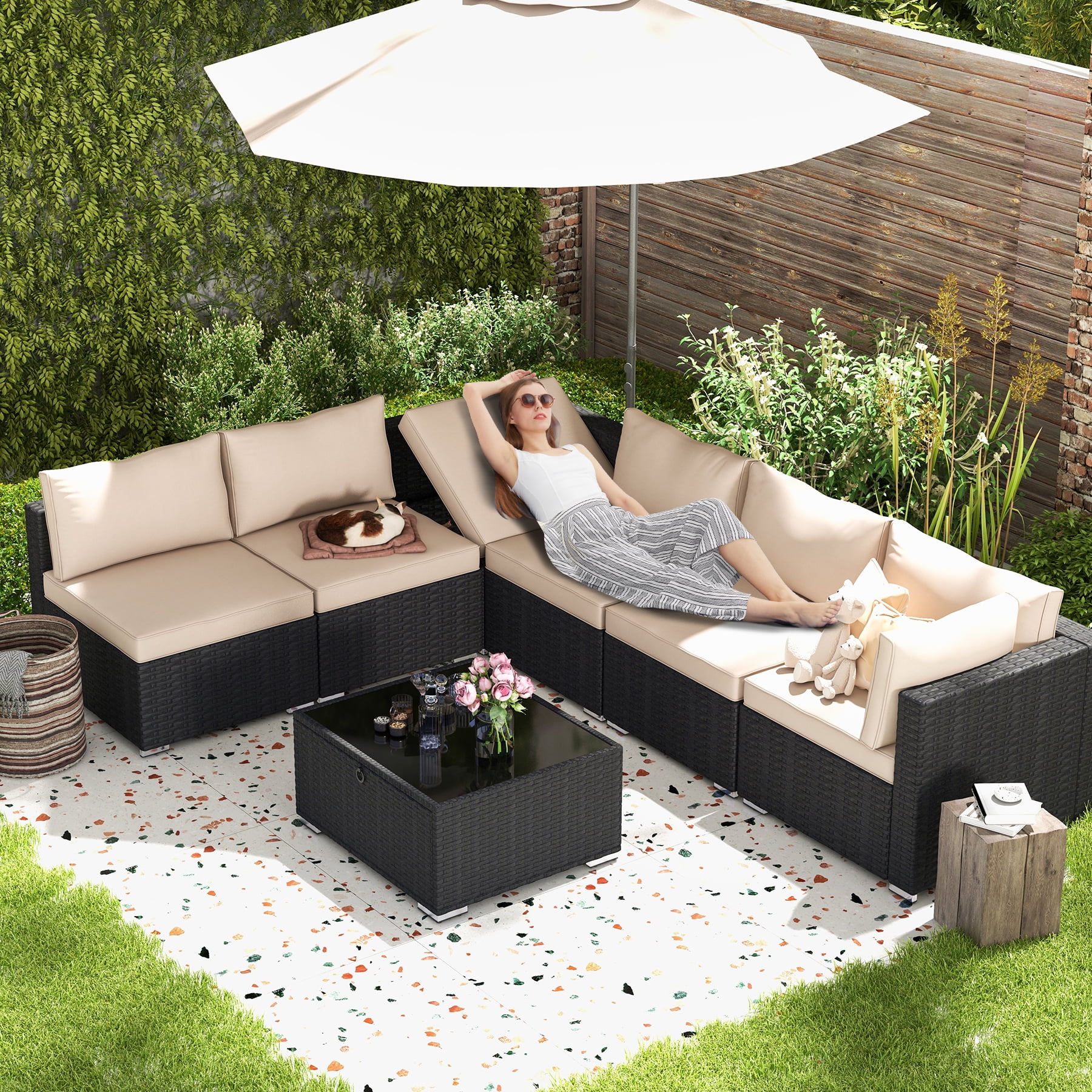 GYUTEI 7 Piece Patio Furniture Set with Adjustable Bracket All-Weather Wicker Conversation Set with Coffee Table for Porch Garden Backyard (Khaki)