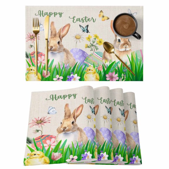 Placemats Set of 8, Easter Bunny Woven Placemat, Linen Place Mats for Kitchen/Dining Tables, Spring Easter Eggs Floral Rustic Burlap Washable Table Mats for Party
