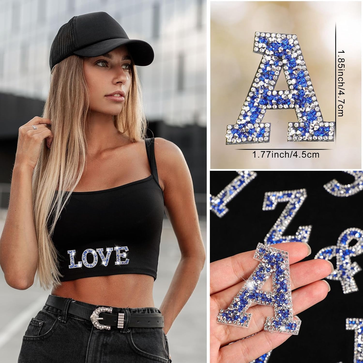 37 Pieces Rhinestone Letter Stickers Large Glitter Alphabet Crystal Number Self Adhesive Bling Stickers Iron on Letters for Art Crafts Clothing DIY Decors(Blue, White,1.97 Inch)