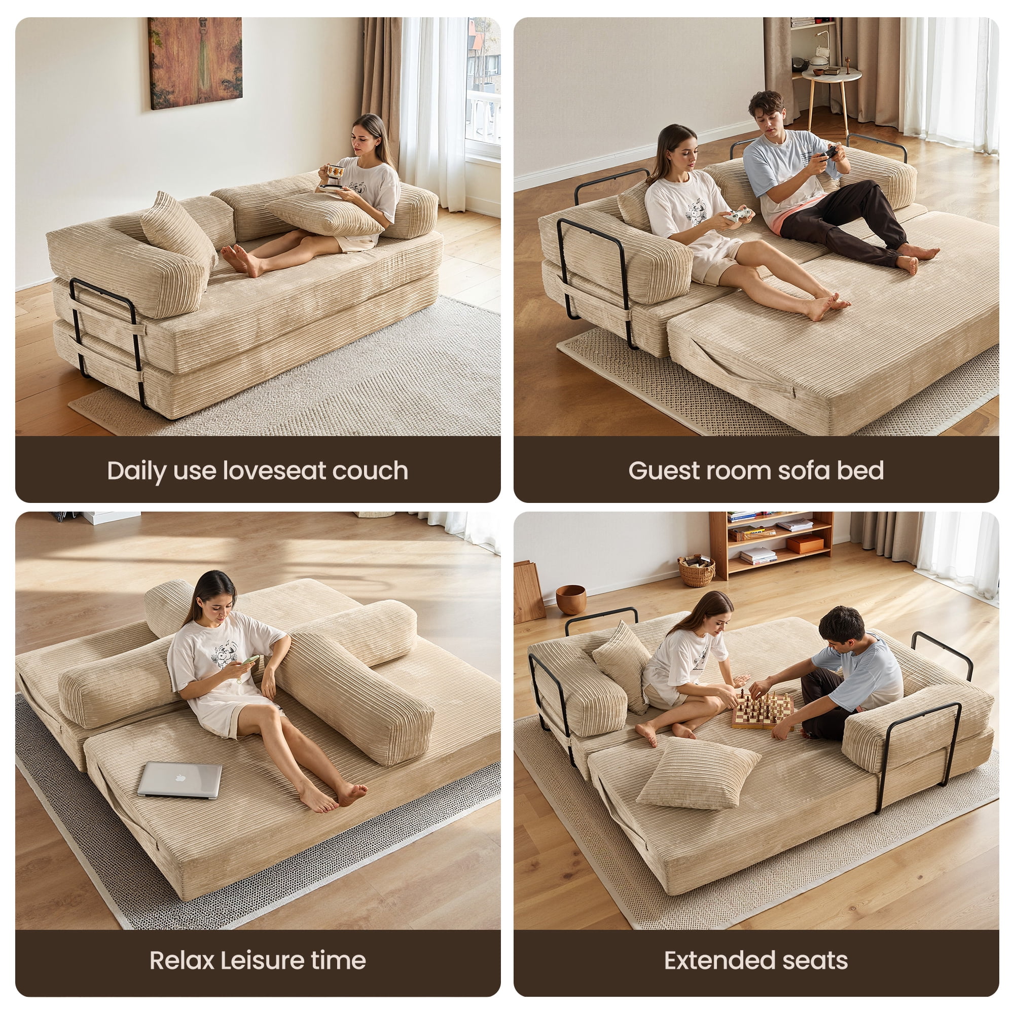 Toject 81" Convertible Sleeper Sofa Bed, Cloud Corduroy Floor Couch with Pillow, Comfy Foldable Couch Sofa Bed for Living Room, Bedroom, Beige