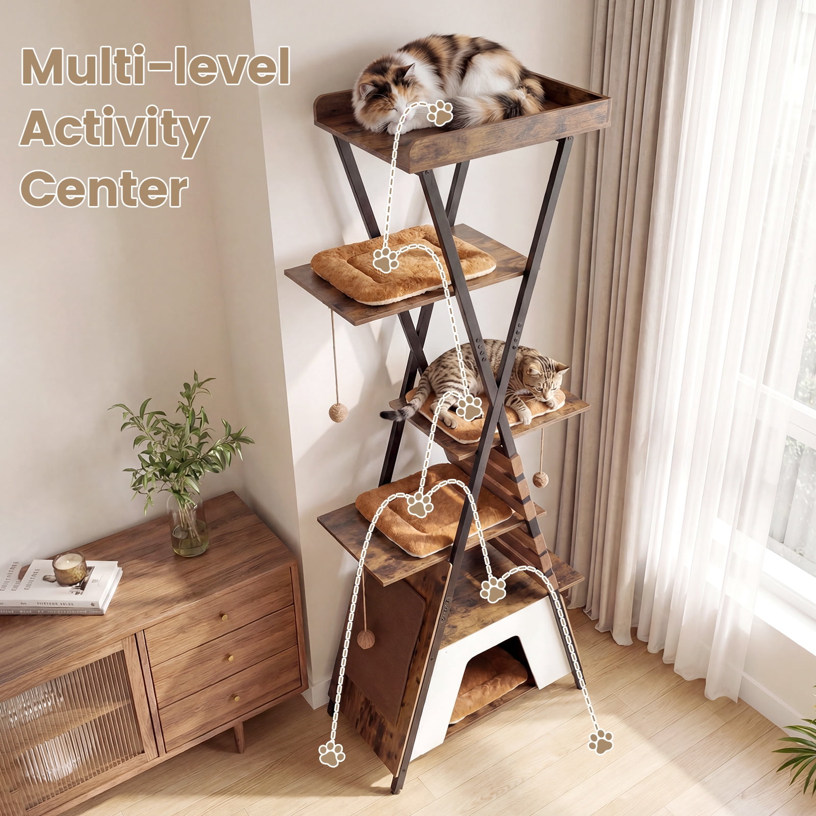 Costway 73" Wooden Multi-level Cat Tower with Elevated Perch, Large Condo, Dangling Balls Rustic Brown + Brown