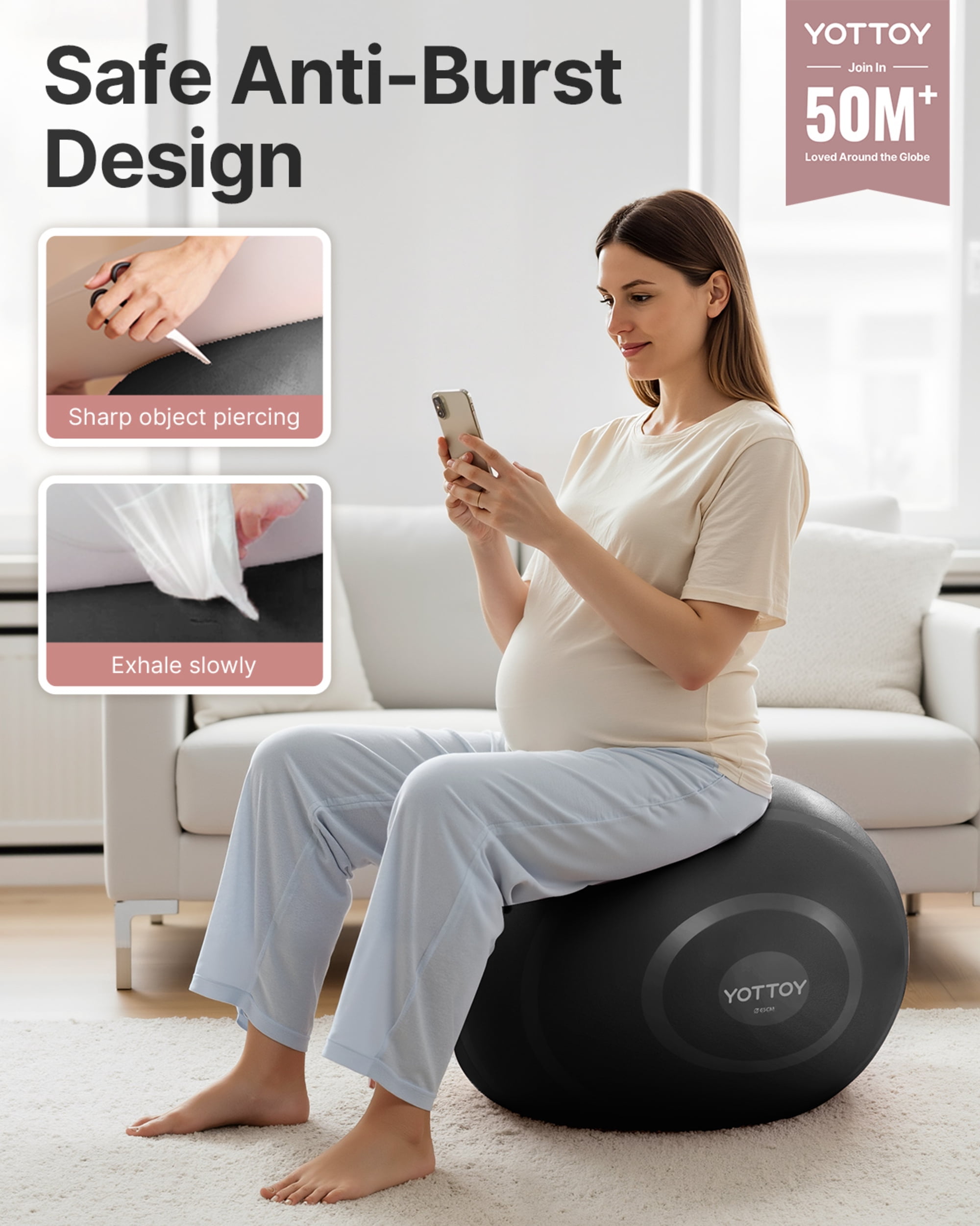 YOTTOY Anti-Burst Exercise Ball, 65 cm — Black, Extra Thick for Yoga & Physical Therapy