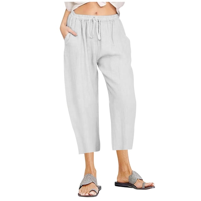 DPTALR Femmes Décontracté Uni Coton Lin à Cordon Taille Élastique Pantalon à Jambe Grand Pantalon Court