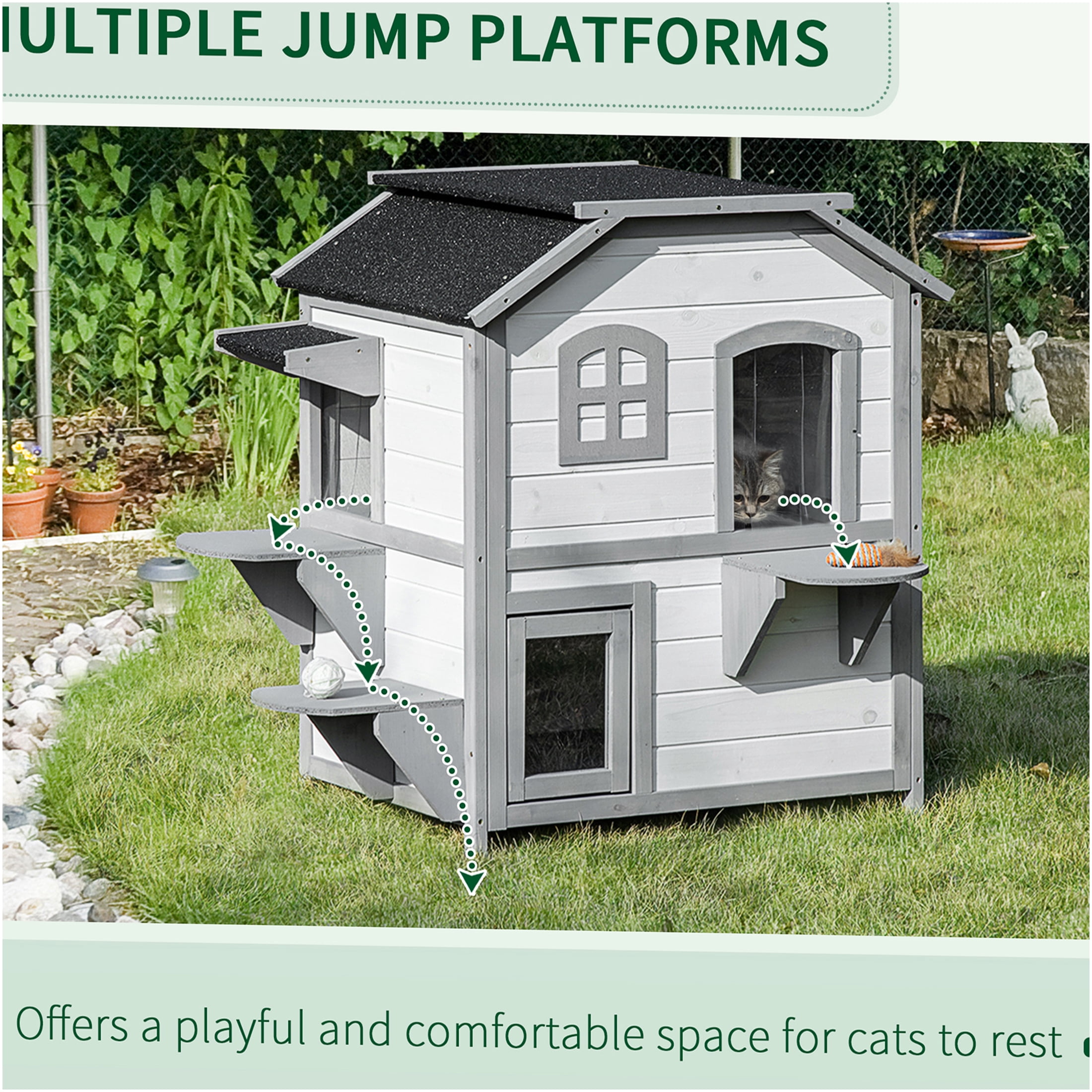 JERFIT Outdoor Cat House, 2-Story Wooden Catio with Escape Door, Waterproof Asphalt Roof, Jumping Platforms, for Feral & Indoor Cats, Easy Assembly, White
